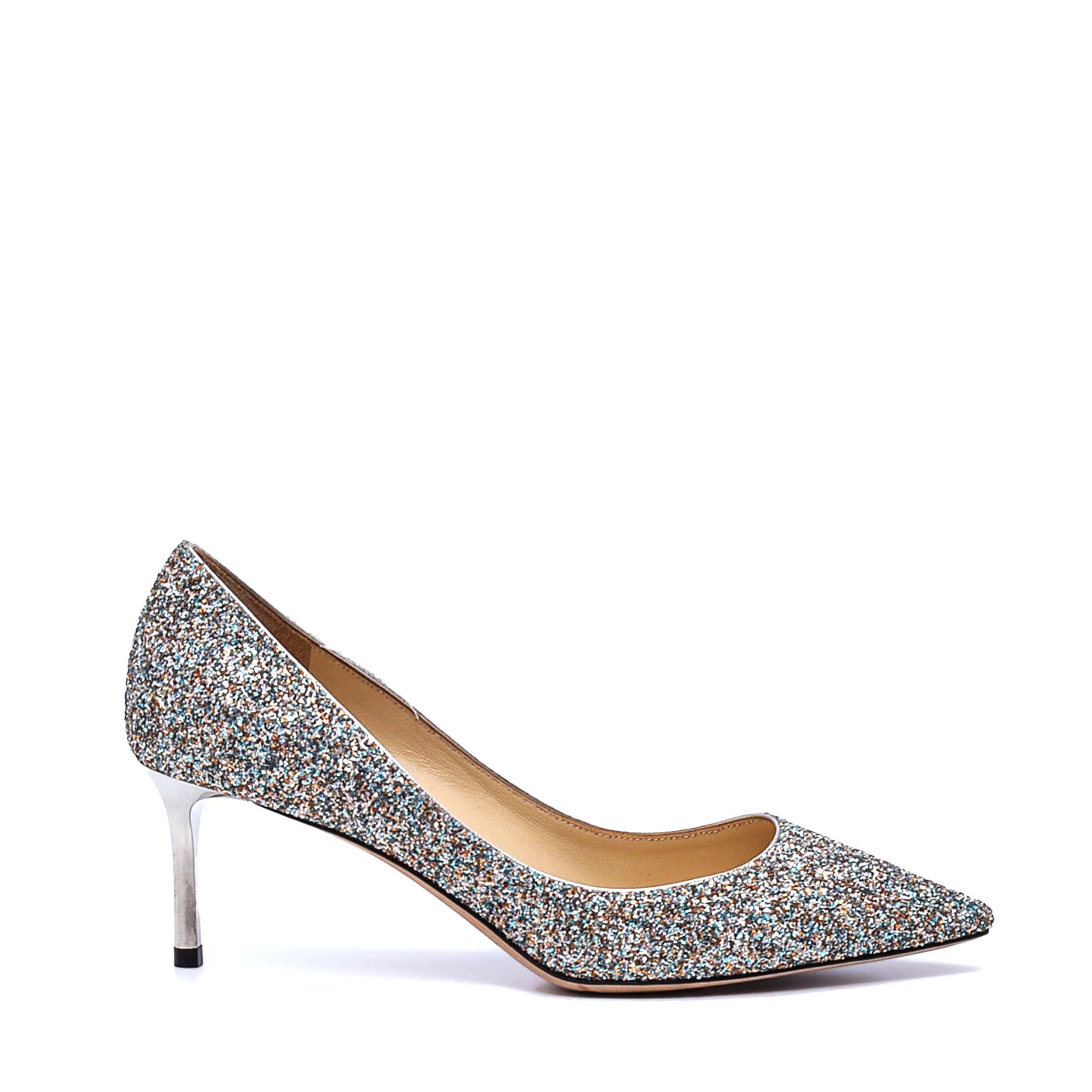 Jimmy Choo - Champagne Coarse Silver Glitter Pointed Pumps Romy 60 MM / 38